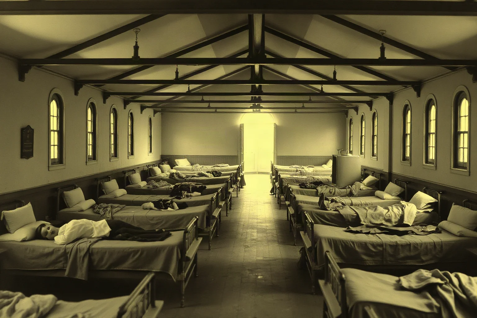 A 1918-style field hospital ward with rows of beds during the Spanish flu pandemic, muted vintage photograph aesthetic
