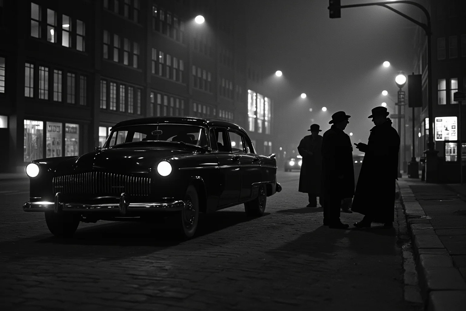 A 1920s Chicago street scene with a black sedan and shadowy figures in long coats, evoking Prohibition-era crime