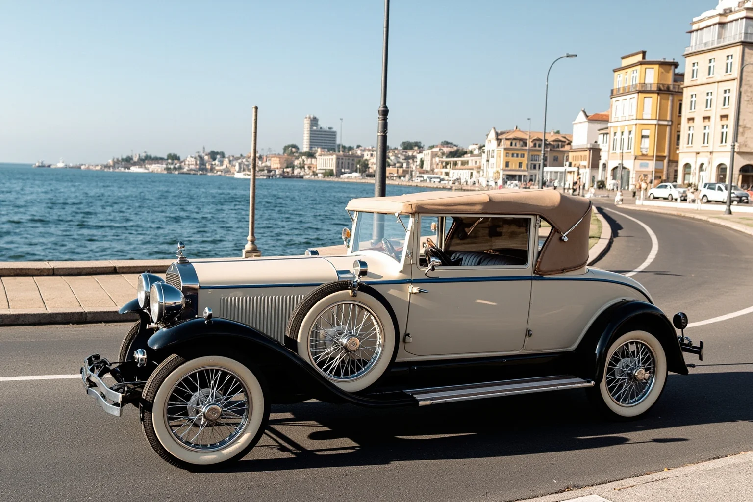 A 1920s convertible automobile parked on a European seaside street, art deco style, no people shown