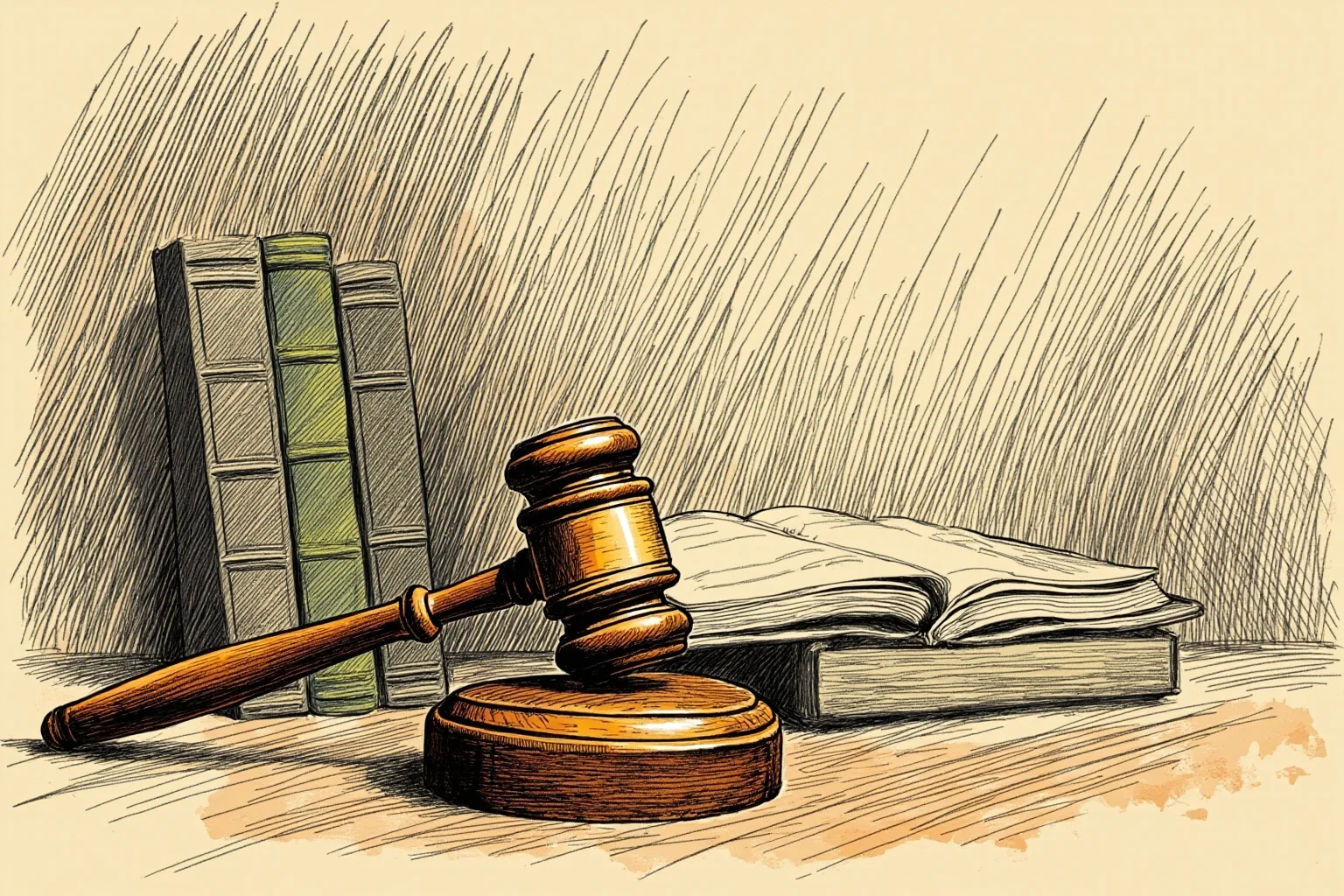 A 1920s courtroom sketch style illustration with vintage law books and an old wooden gavel