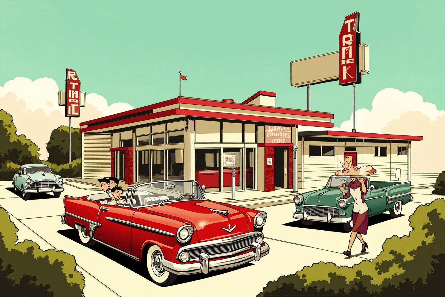 The Oldest Fast Food Chains in the World: A Full History 11 A 1920s drive-in restaurant with cars parked and a carhop carrying a tray, illustrated retro style