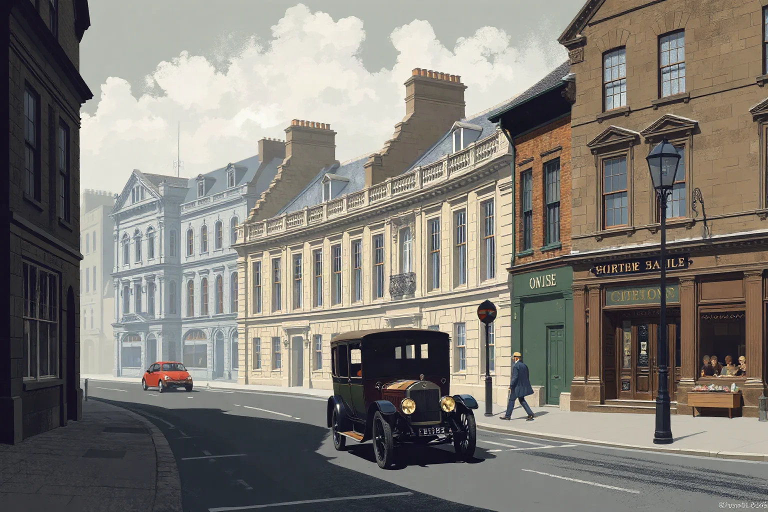 A 1920s Dublin street scene with old stone buildings and a period motorcar, historical illustration style