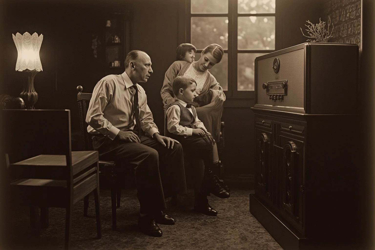 22 Things Every American Home Had in the 1920s 3 A 1920s family gathered around a large wooden console radio in their living room in the evening