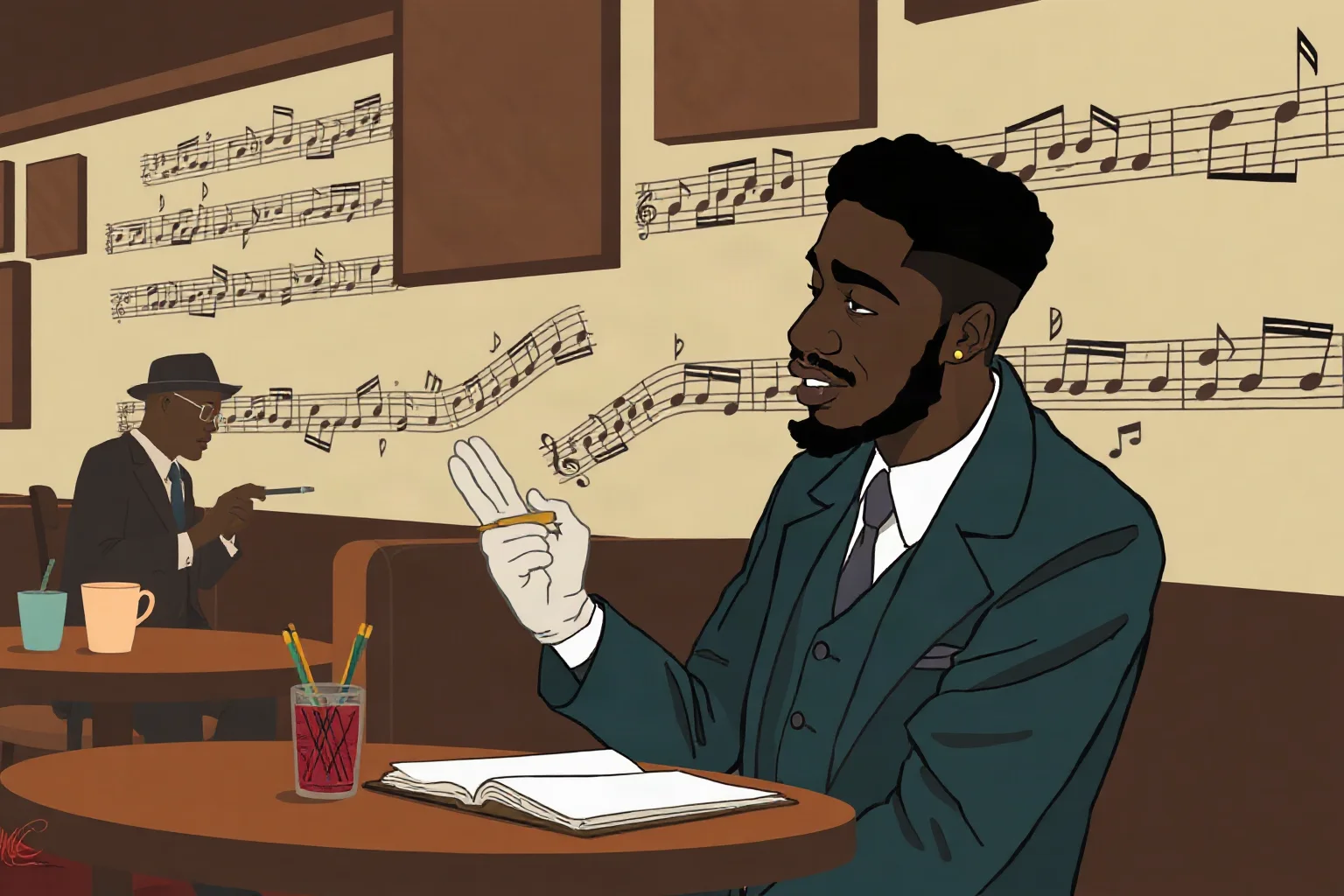 A 1920s Harlem Renaissance poet writing in a jazz-era cafe with music notes in the background, illustrative style