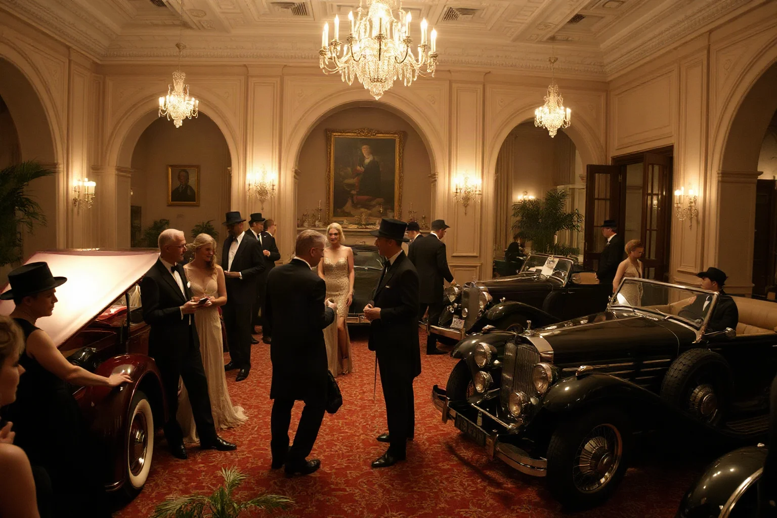 A 1920s Jazz Age scene with a lavish party, expensive cars, and well-dressed people in an opulent mansion