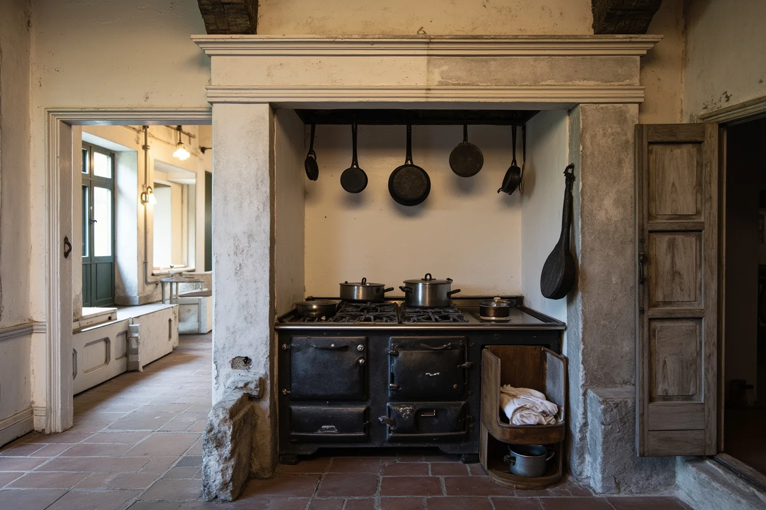 22 Things Every American Home Had in the 1920s 12 A 1920s kitchen with a gas-burning stove range and hanging pots and pans