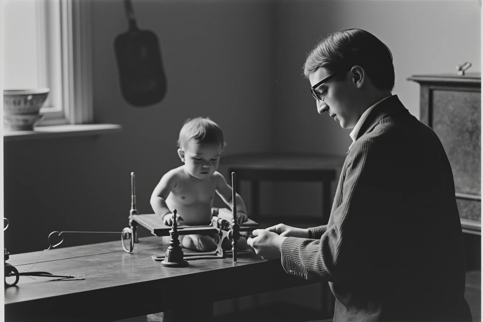 A 1920s laboratory setting with a baby and experimental apparatus, representing early behavioral psychology research