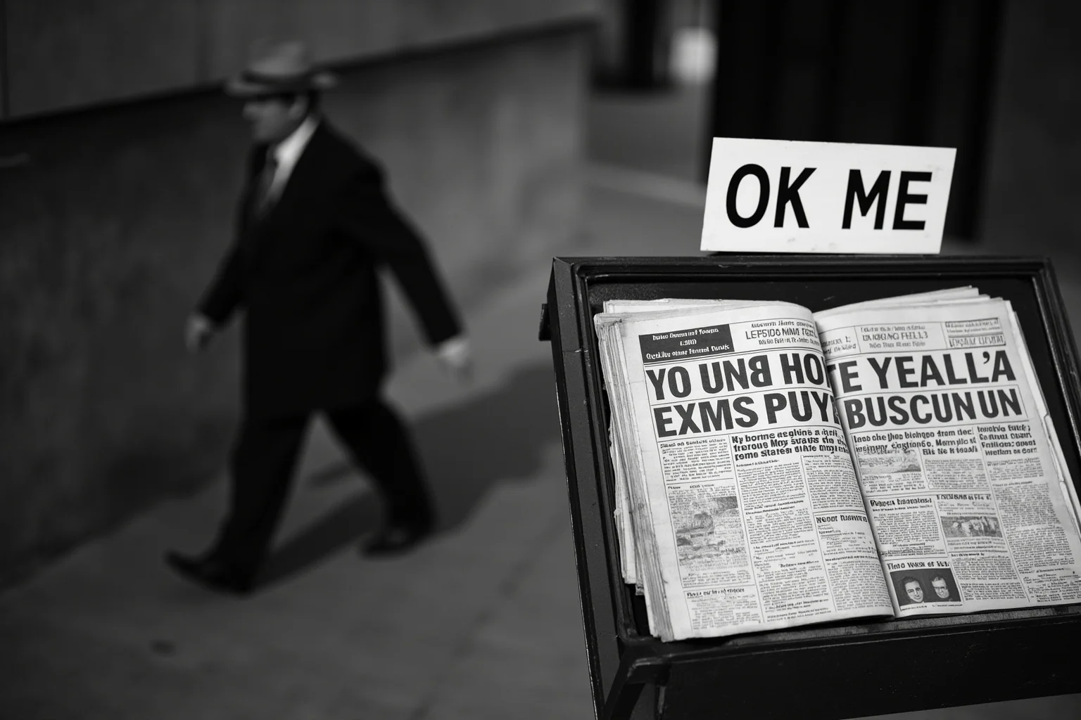 A 1920s newspaper stand with a bold fraud headline and a man in a suit and hat walking past