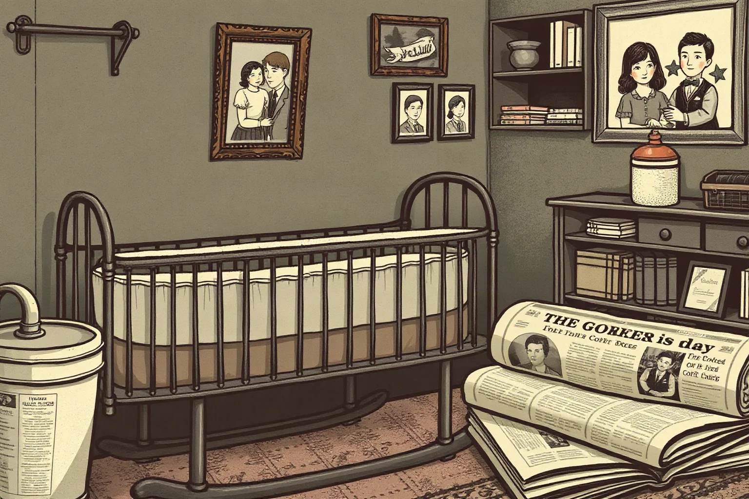 A 1920s nursery with a bassinet and a folded newspaper suggesting political gossip nearby, illustrative style