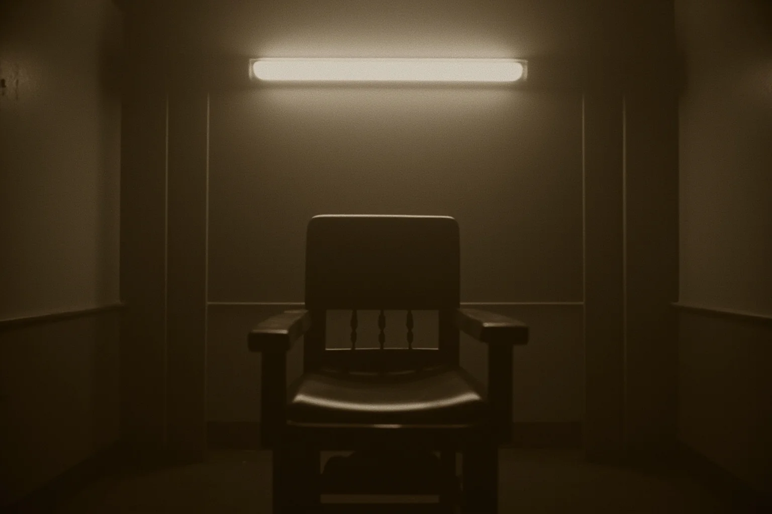 25 Disturbing Last Words By Notorious Criminals 7 A 1920s Sing Sing-style execution room interior, aged photograph aesthetic, empty electric chair, moody sepia tones