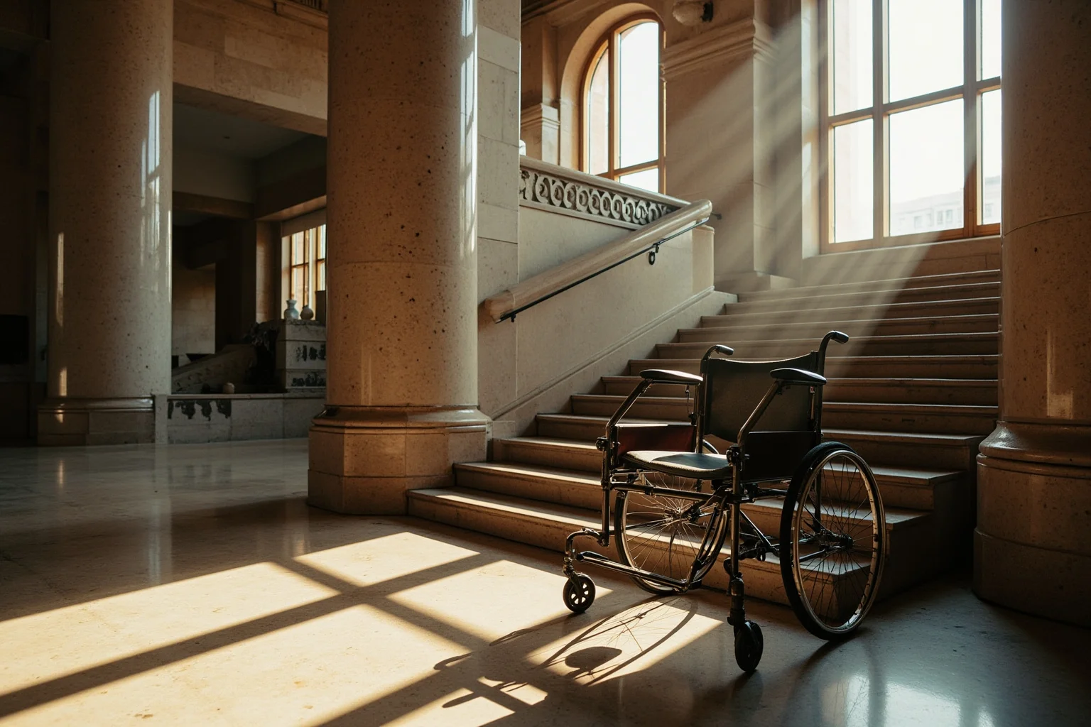 22 of the Greatest Comeback Stories in History 16 A 1920s wheelchair beside a grand staircase in a marble government building, sunlight streaming through tall windows