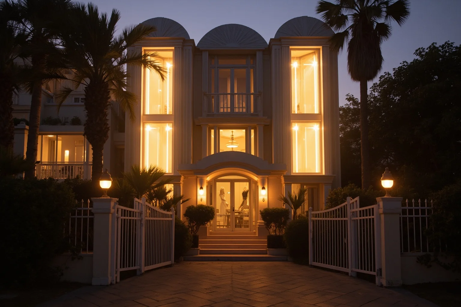 22 Hollywood Stars Whose Lives Ended in Tragedy 16 A 1930s art-deco Hollywood mansion facade with soft lighting, evoking golden-age glamour and fragility