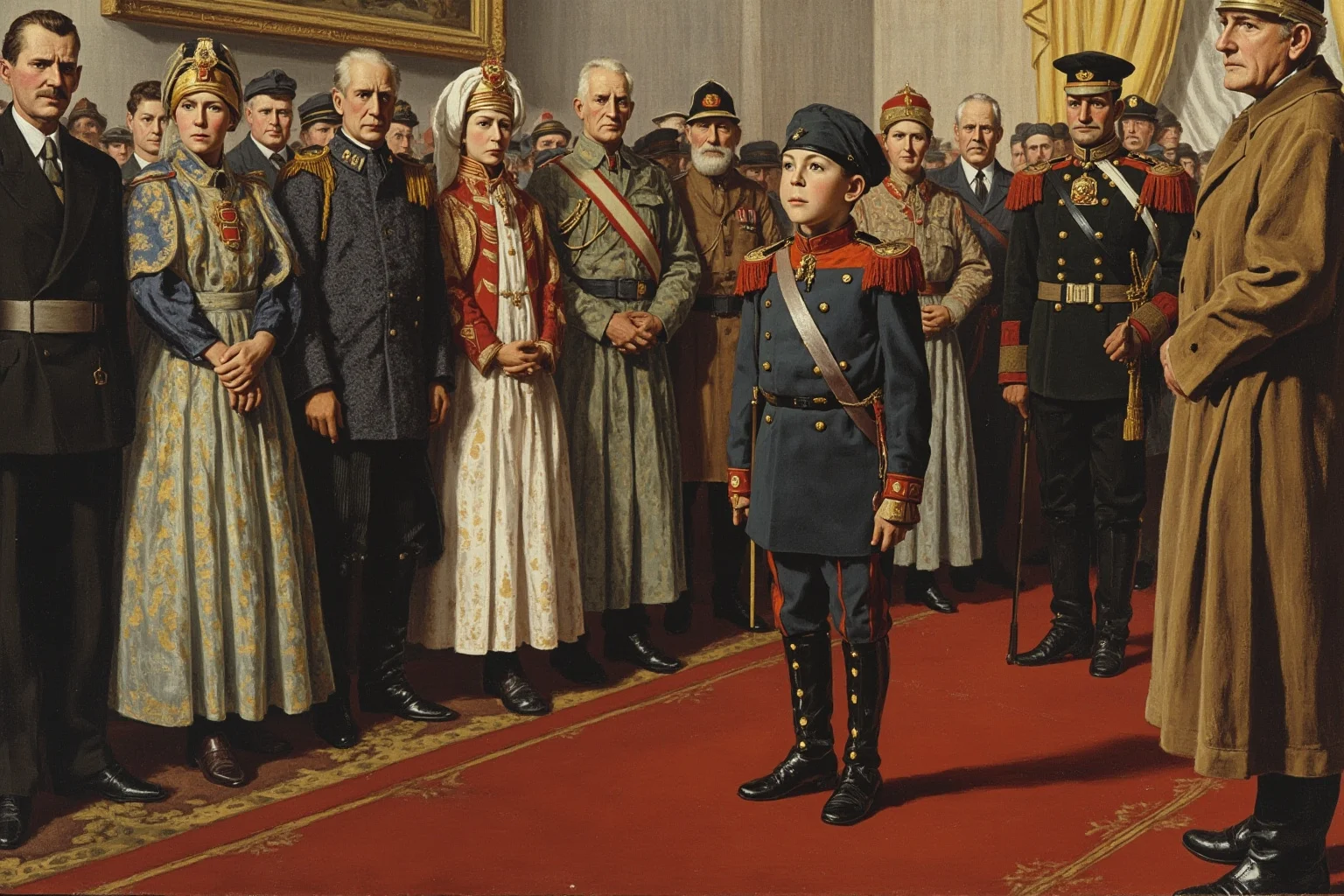 A 1930s Balkan royal court scene with a young boy in military dress uniform surrounded by solemn officials, illustrative painting style