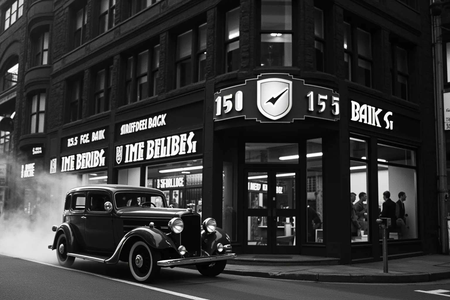 A 1930s bank exterior with a getaway car speeding away, evoking a Depression-era robbery