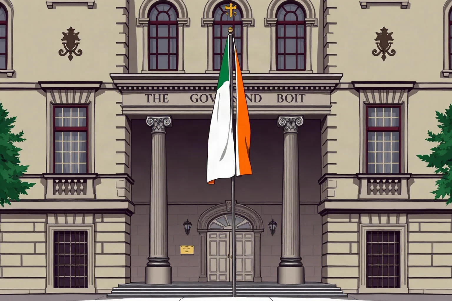 A 1930s Irish government building exterior with a tricolour flag, illustrative historical style