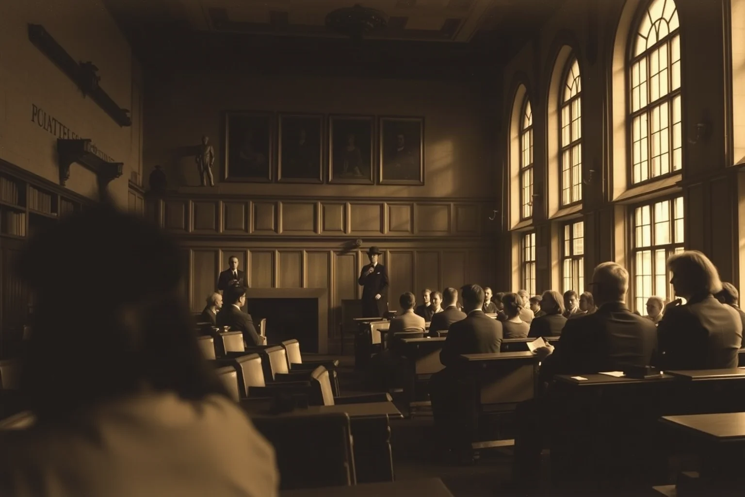 A 1930s London university lecture hall with shadowy figures in the back row, sepia tones
