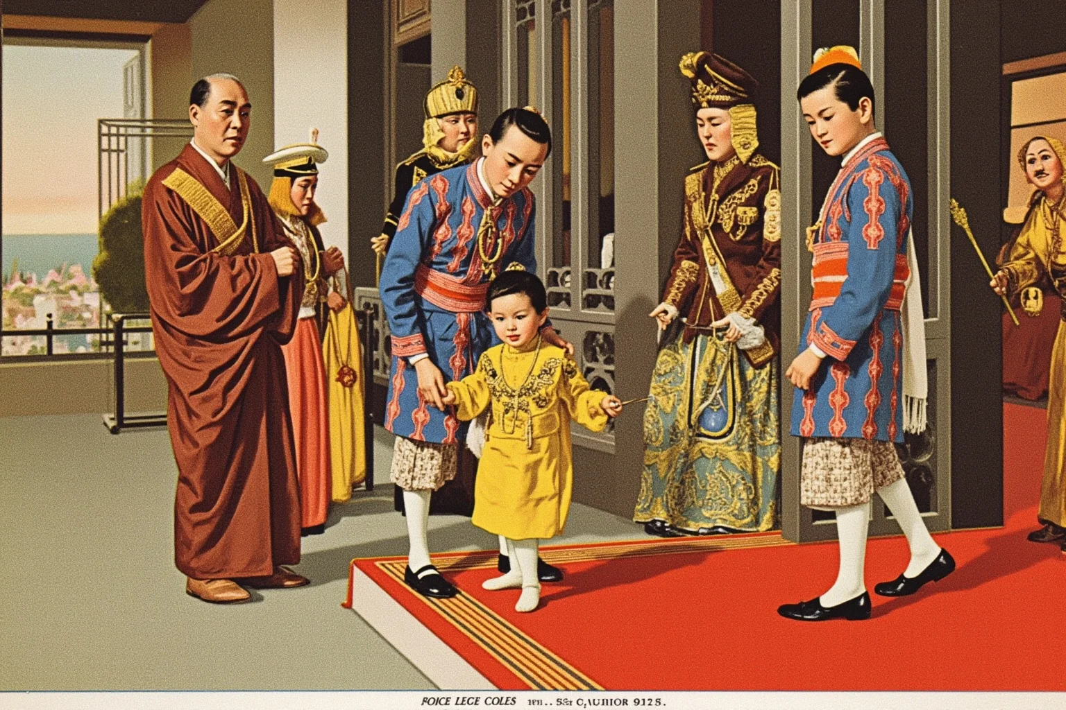 A 1930s Southeast Asian royal palace scene with a young child in ornate ceremonial robes attended by officials, illustrative painting style