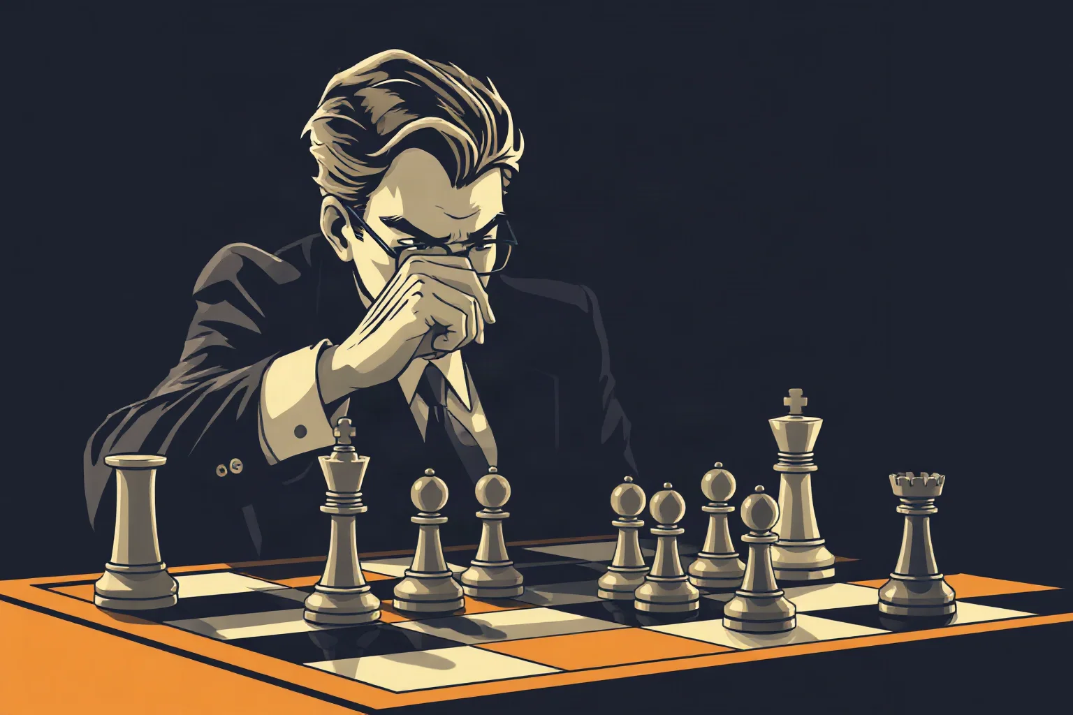 A 1930s-style illustration of a sharply dressed chess champion making a bold combinational move