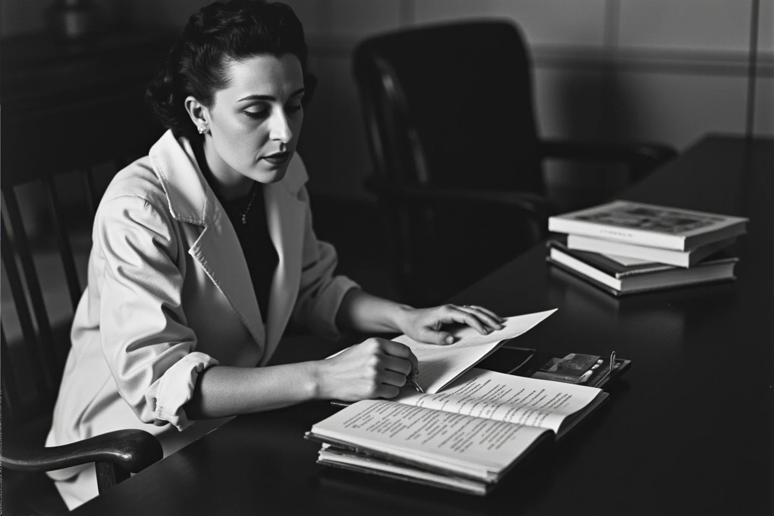 A 1940s academic study with a female psychoanalyst reviewing case notes and psychological theory books