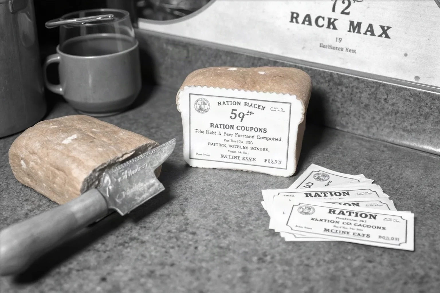 A 1940s American kitchen counter with an unsliced loaf of bread and a bread knife beside ration coupons