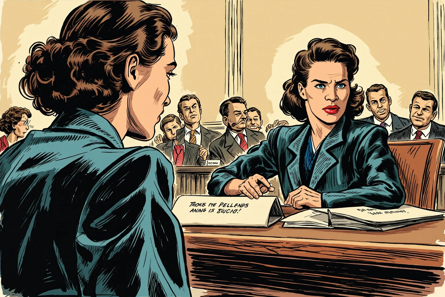 A 1940s American woman testifying calmly at a wooden table before a formal committee room, illustrated style