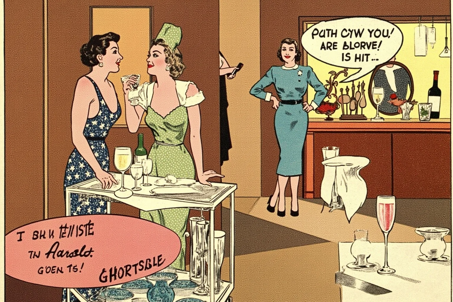 A 1940s cocktail party scene with a bar cart and martini glasses, vintage illustration, no identifiable people