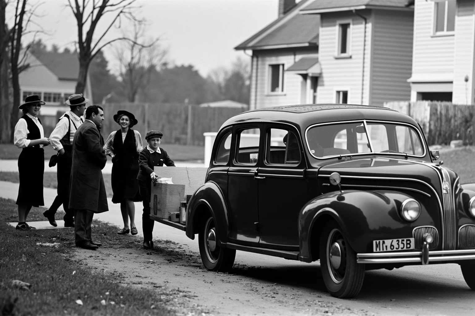 A 1940s family loading a car with belongings outside a modest home, preparing to move to a city, period-accurate clothing