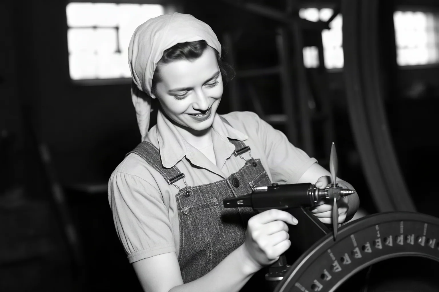 A 1940s female factory worker in overalls and a headscarf riveting metal aircraft parts