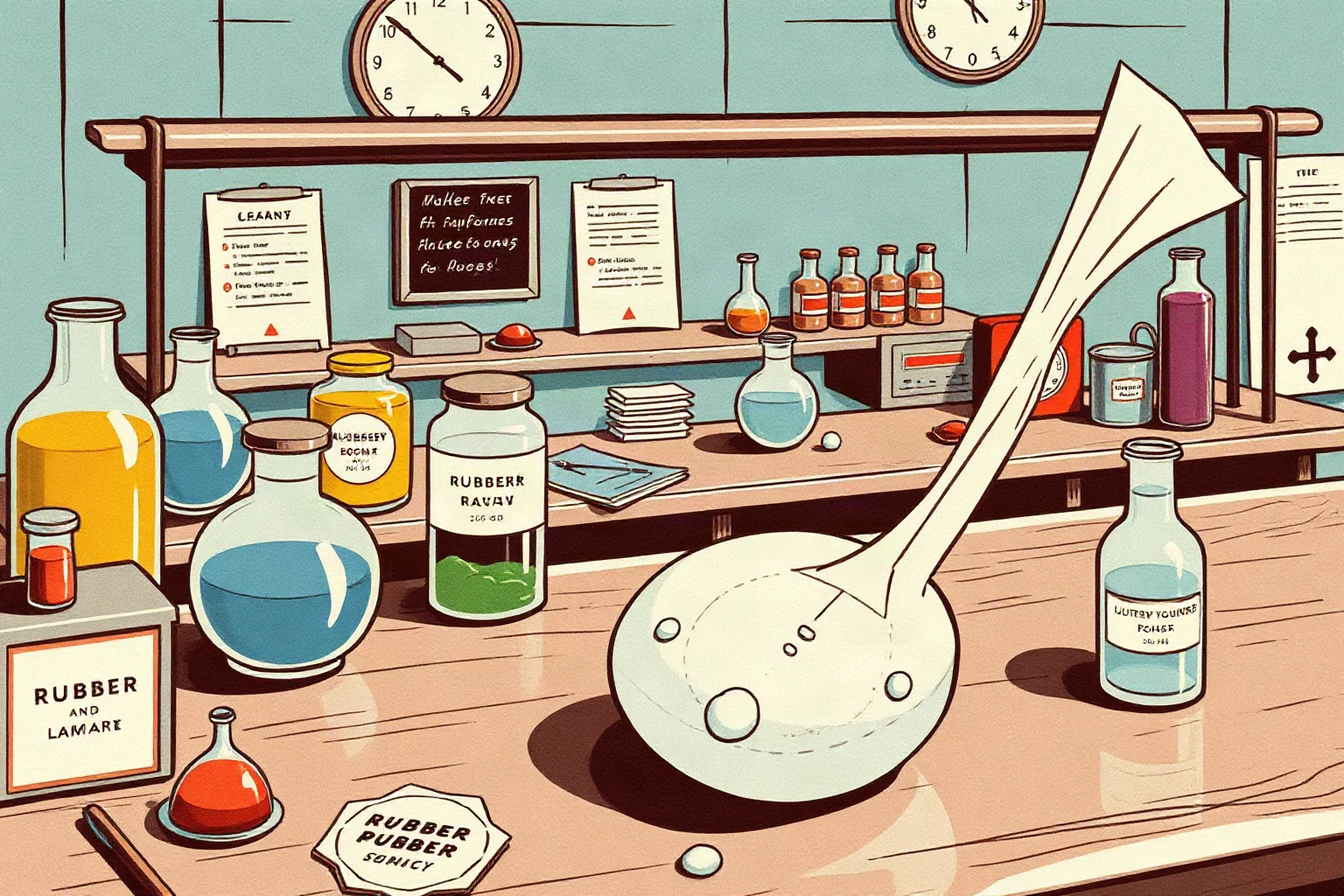 A 1940s laboratory workbench with rubber compounds, beakers, and a stretchy bouncing substance, retro science illustration