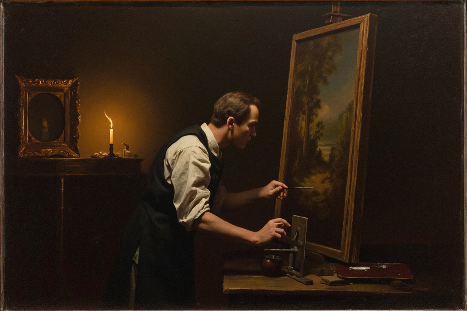 A 1940s painter in a Dutch studio working on an old-master-style canvas beside candlelight