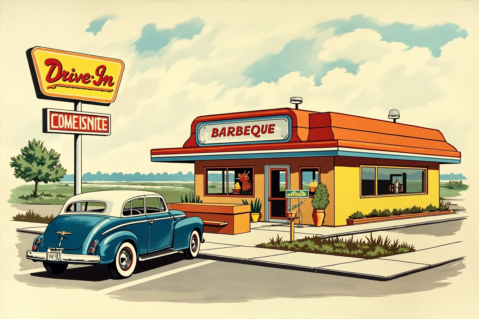 The Oldest Fast Food Chains in the World: A Full History 18 A 1940s small drive-in barbecue restaurant with a car parked out front, retro illustration