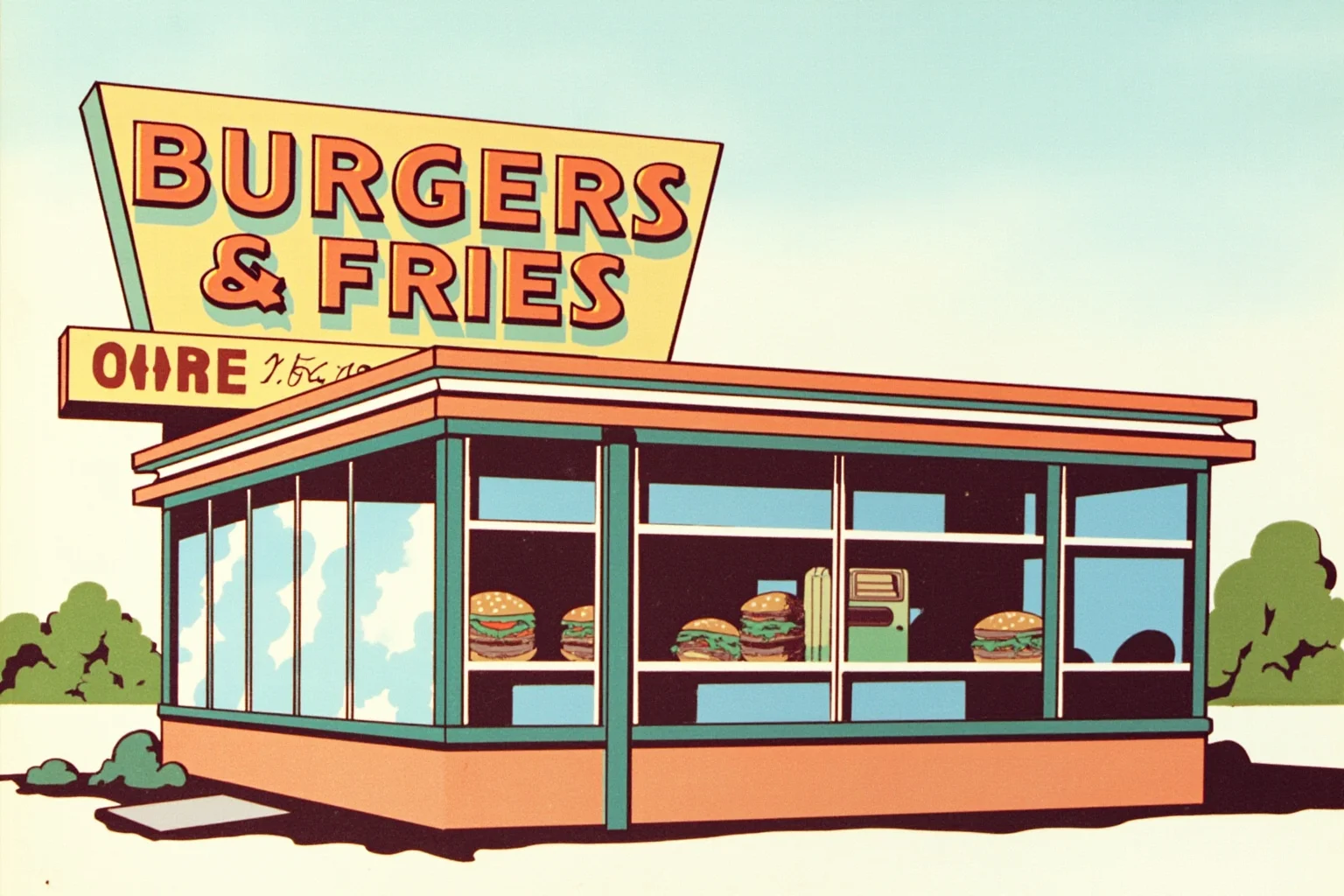 The Oldest Fast Food Chains in the World: A Full History 17 A 1940s small drive-in burger stand with a simple sign reading burgers and fries, illustrated style