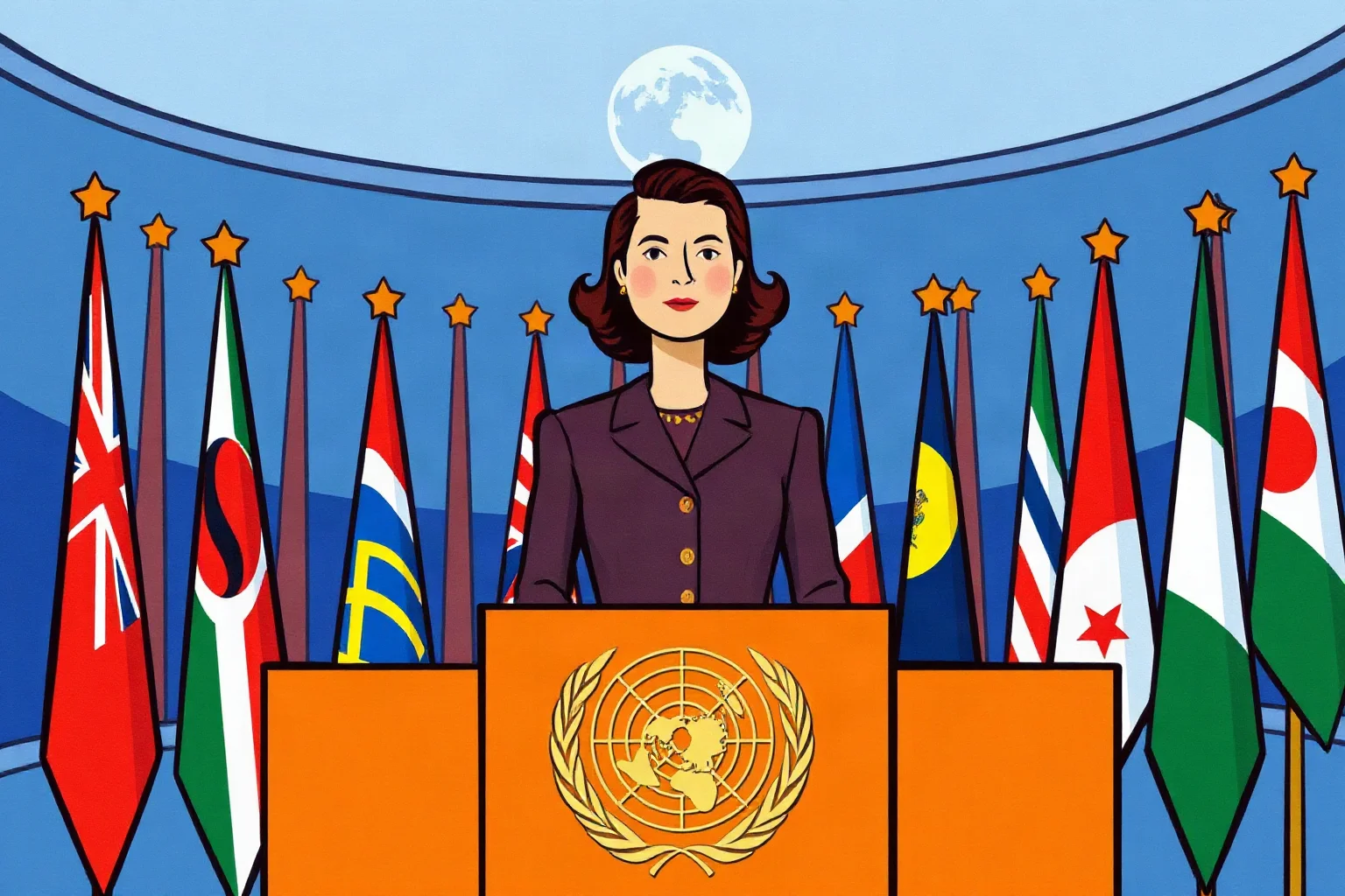 A 1940s-style illustration of a woman at a United Nations podium surrounded by international flags