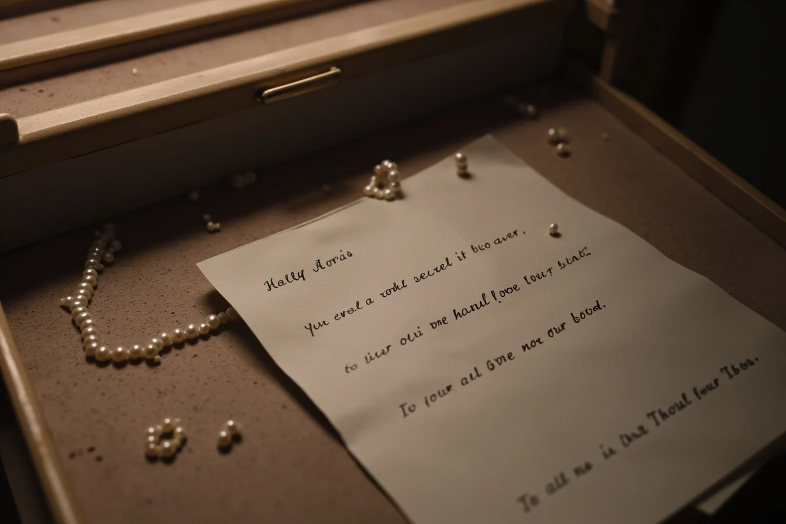 22 Hollywood Stars Whose Lives Ended in Tragedy 18 A 1940s vanity table with scattered pearls and a half-finished letter, evoking heartbreak and secrecy