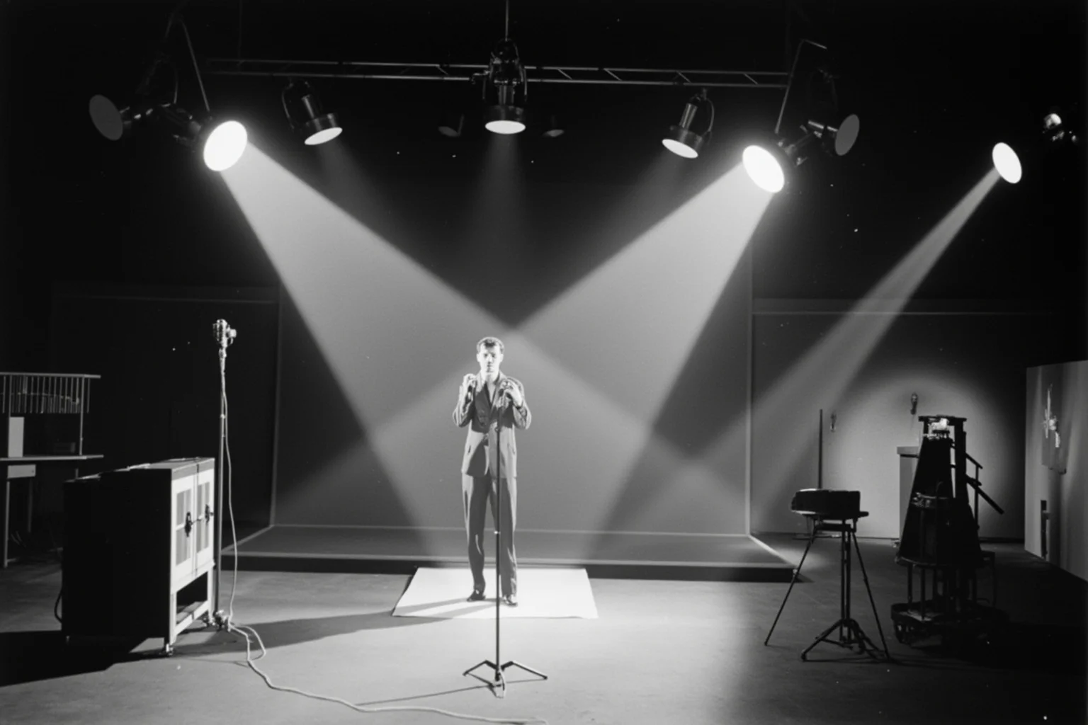 A 1950s black-and-white television studio set with stage lighting, evoking a live broadcast performance