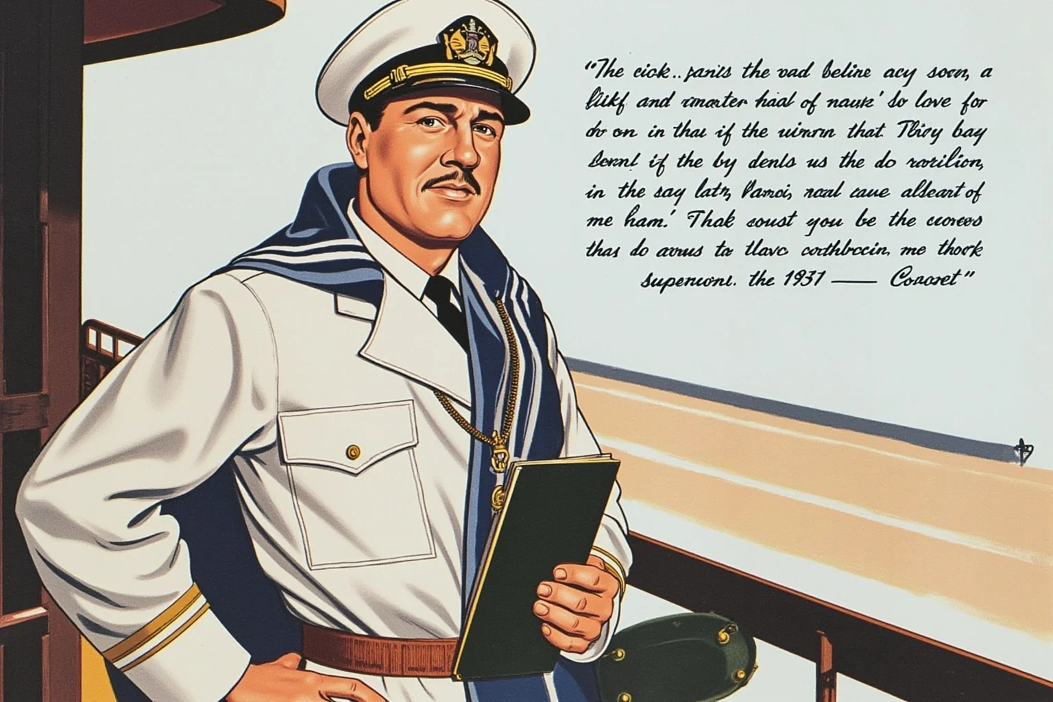 A 1950s-era illustration of a man in a naval surgeon's coat standing confidently on a ship deck, holding a medical textbook