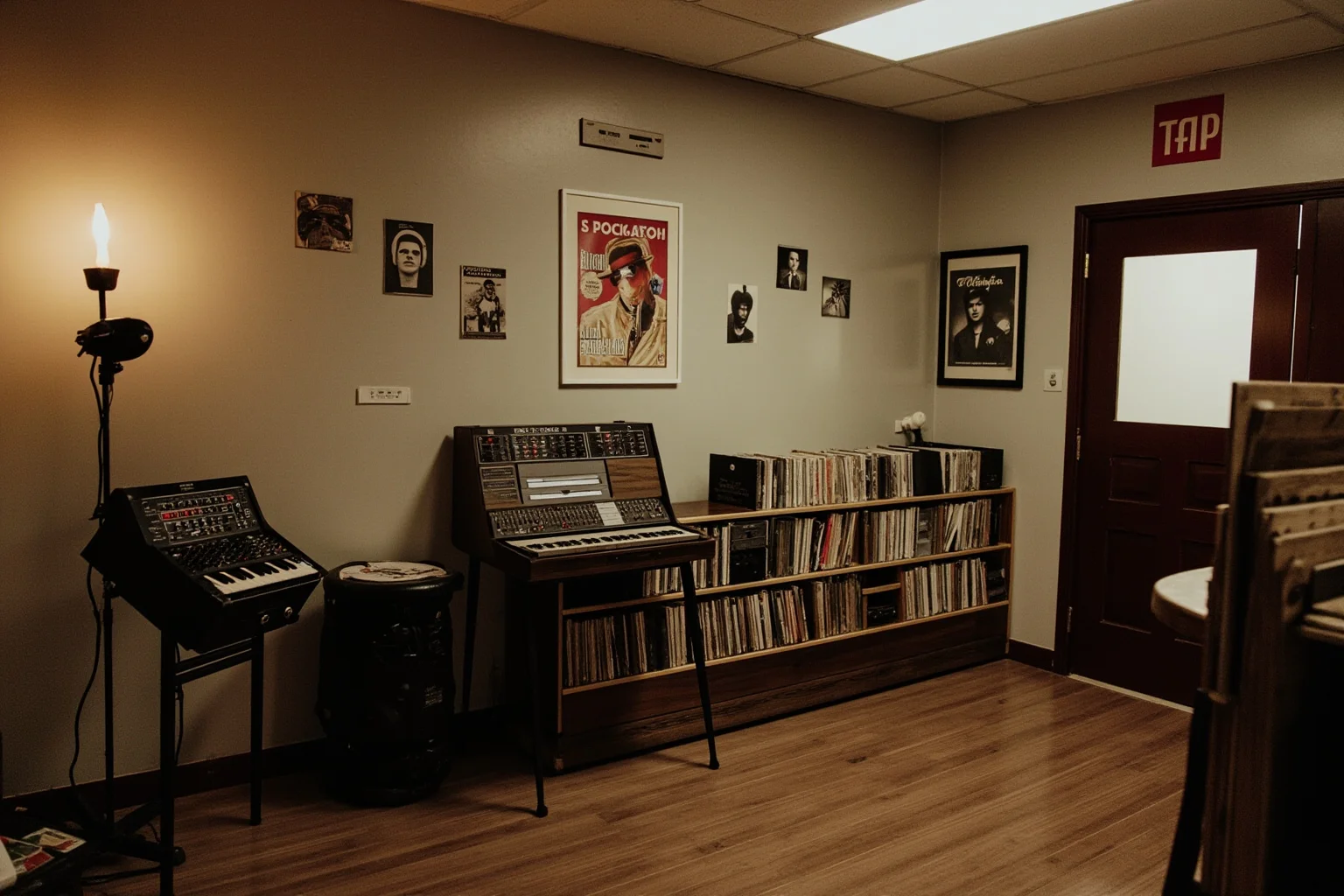 A 1950s independent record label office with vinyl records and a mixing console, retro aesthetic