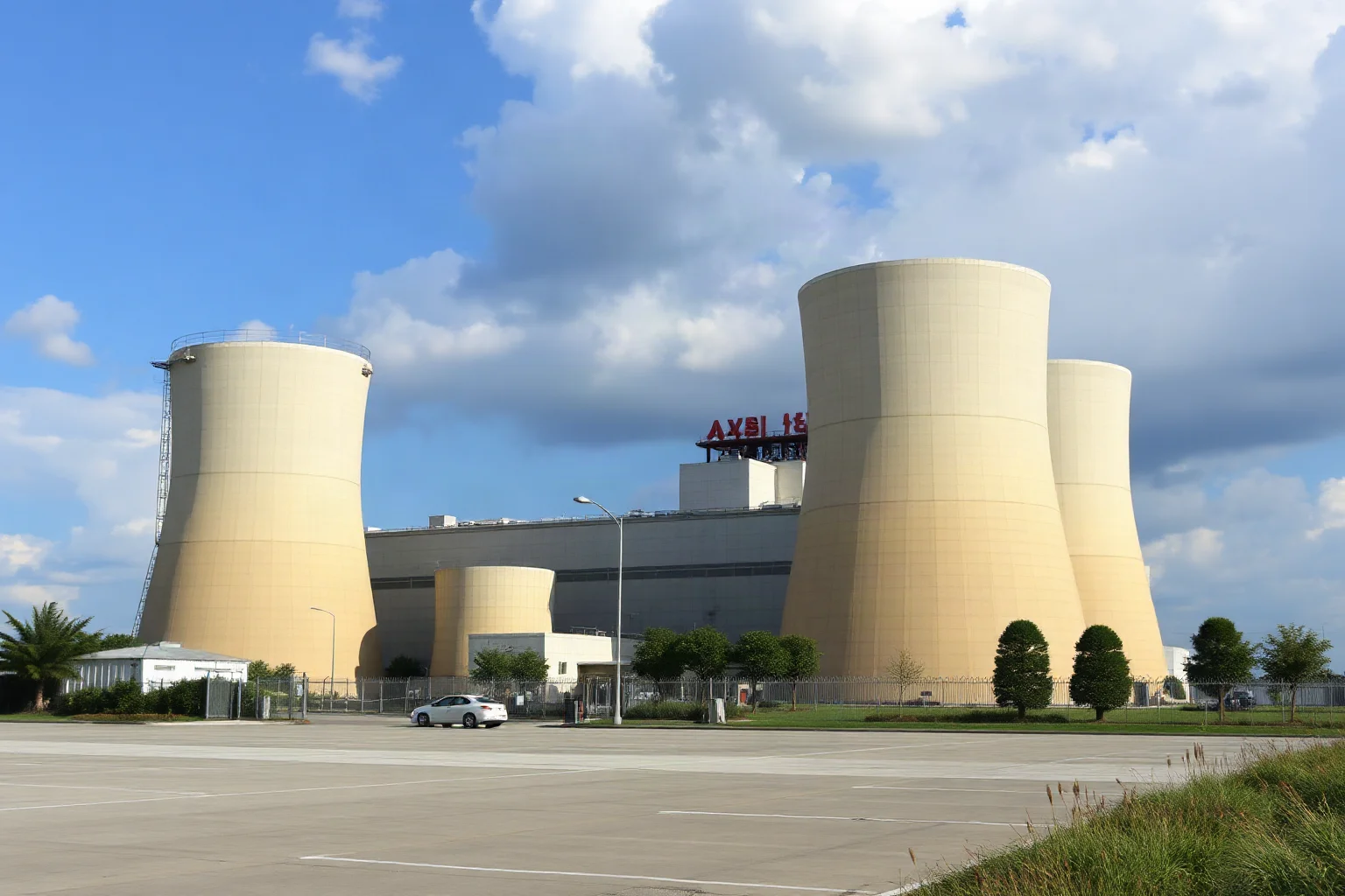 A 1950s industrial nuclear power plant building with cooling towers