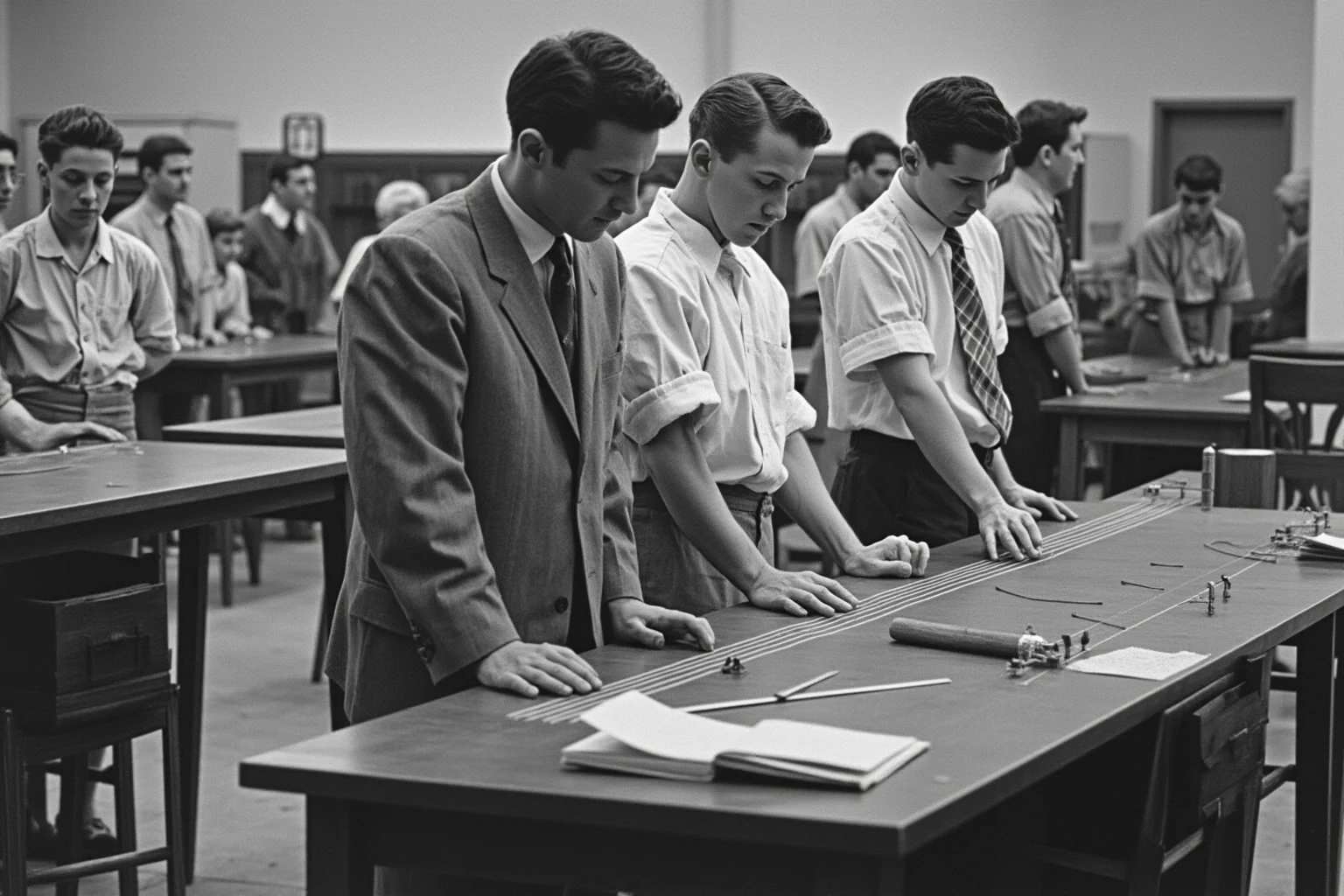 A 1950s laboratory with participants in a group setting performing a perceptual task with lines and measurements