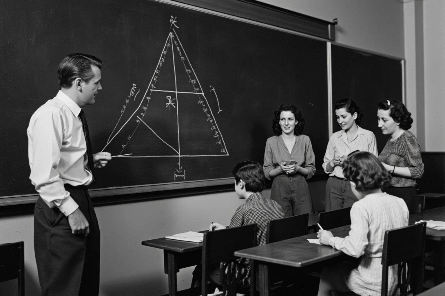 A 1950s lecture hall or classroom with a pyramid diagram on a blackboard and students taking notes