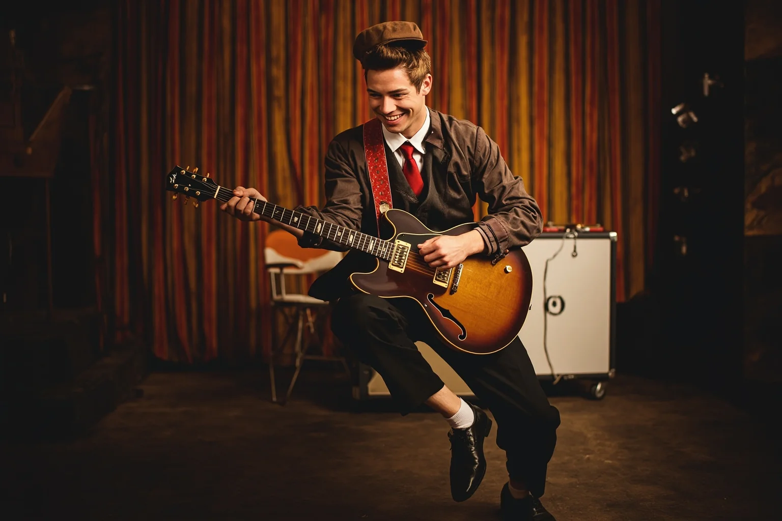 A 1950s rock and roll guitarist mid-stride in a dynamic performance pose, vintage stage backdrop, hollow-body electric guitar