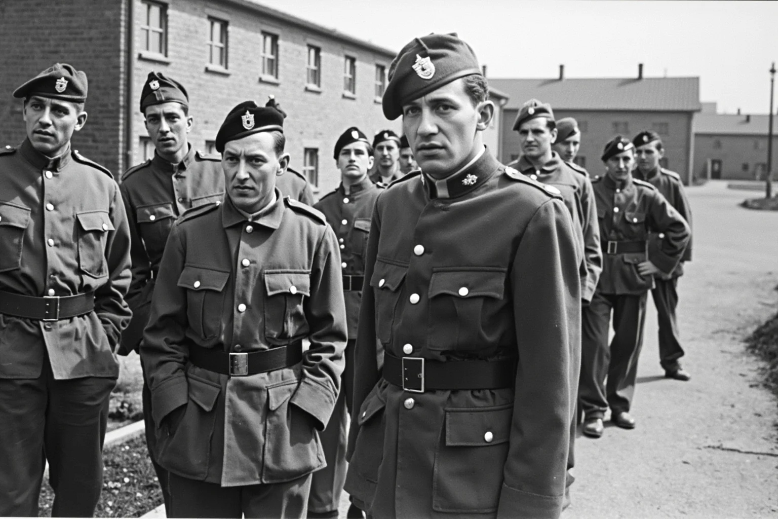 A 1950s US Army barracks in Europe with soldiers in uniform, period military setting