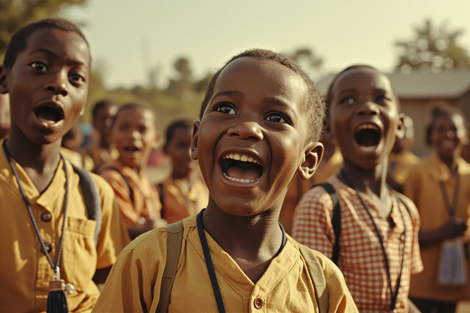 22 Lesser-Known Historical Events That No One Talks About 6 A 1960s African schoolyard with students reacting with laughter, illustrated in a warm nostalgic style