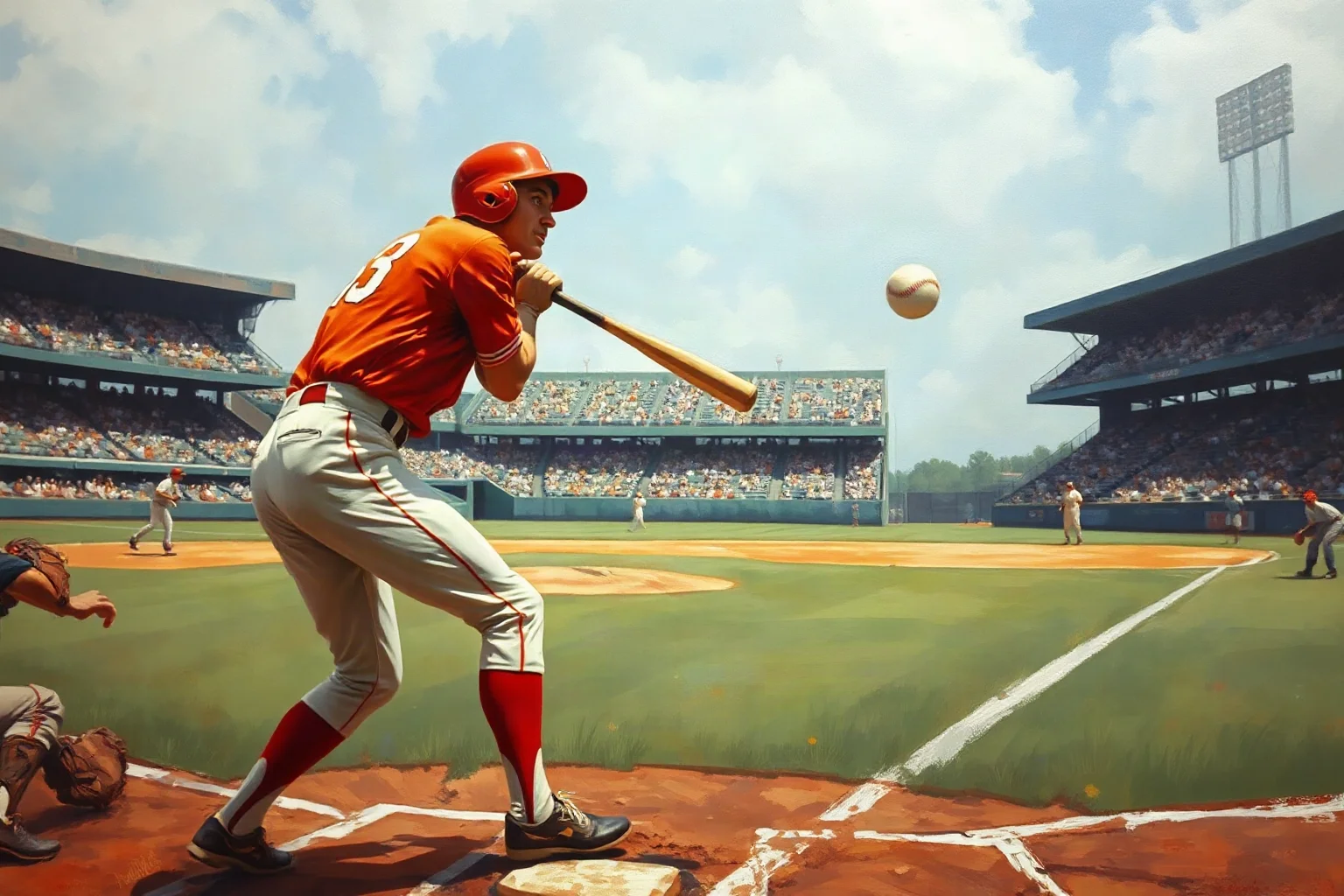 A 1960s baseball player at the plate ducking away from an incoming pitch, retro stadium atmosphere, painterly style