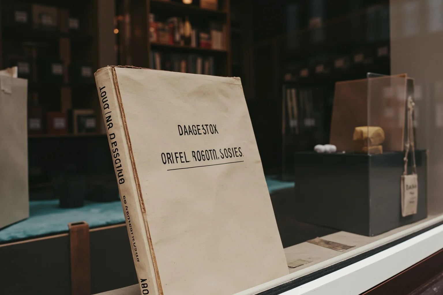 A 1960s bookstore window with a plain brown paper-wrapped novel on display