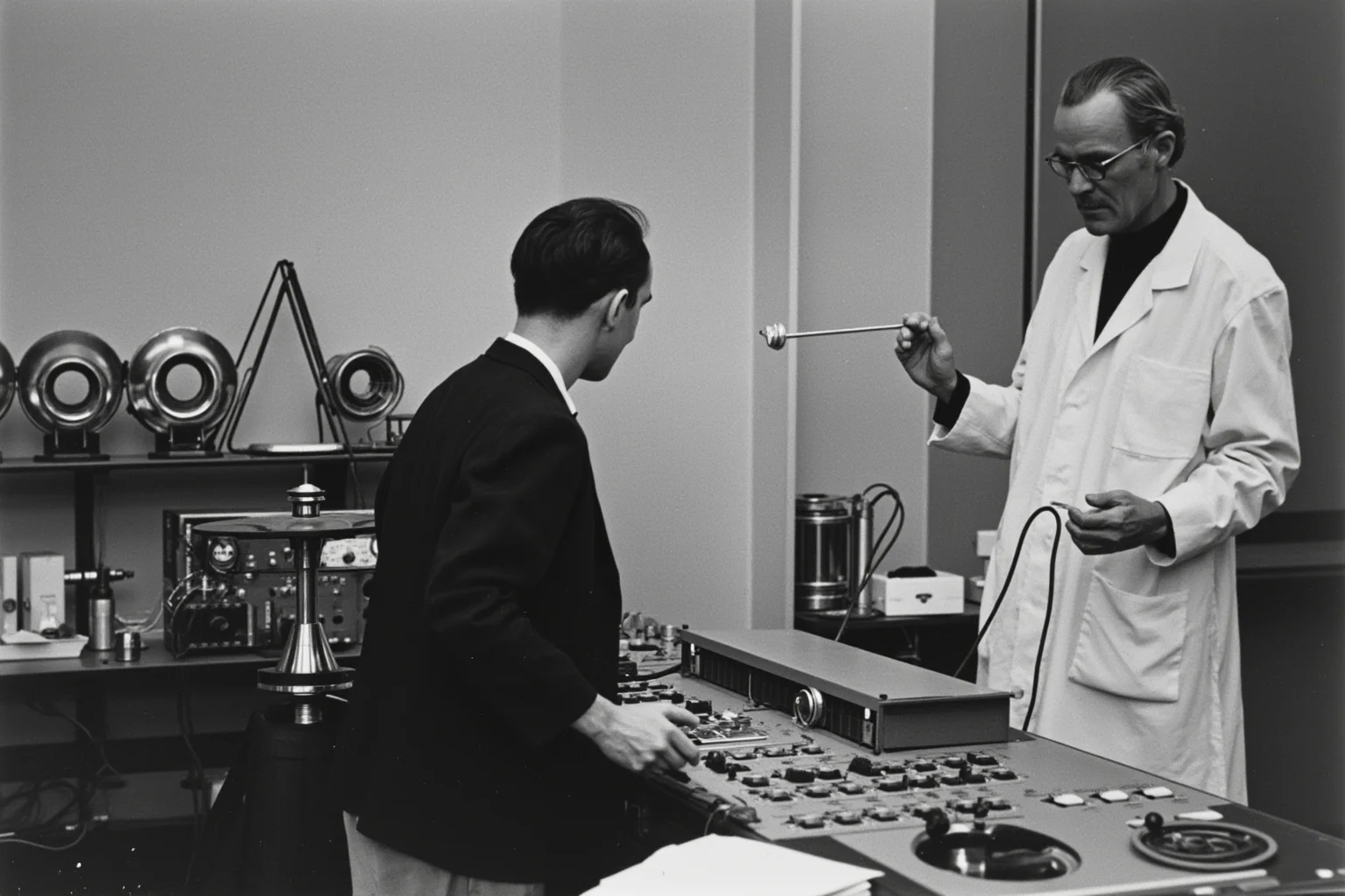 A 1960s laboratory setup with an experimenter and participant at a control panel with switches and scientific equipment