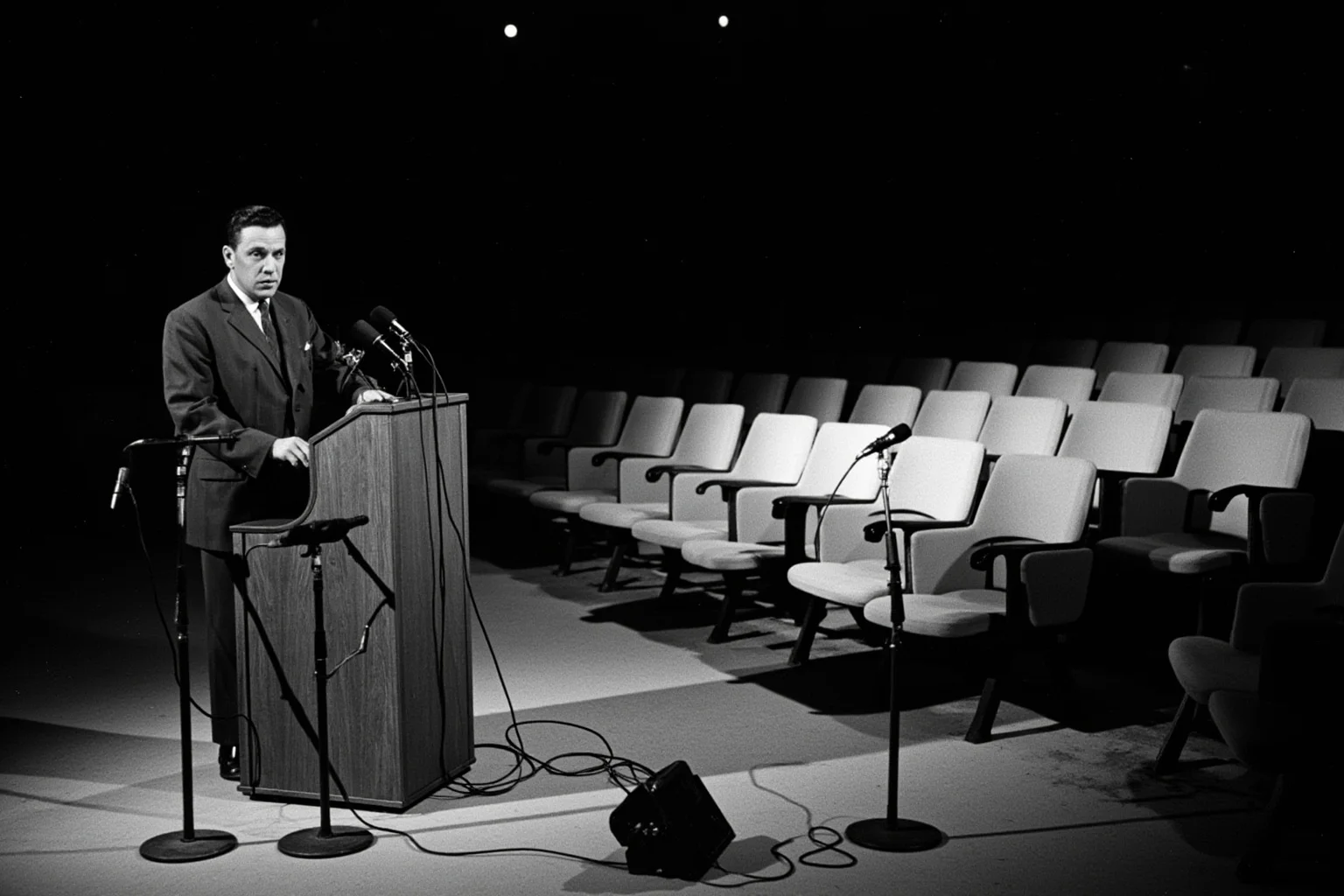 22 of the Greatest Comeback Stories in History 19 A 1960s press conference podium with empty chairs and scattered microphones in a dim auditorium