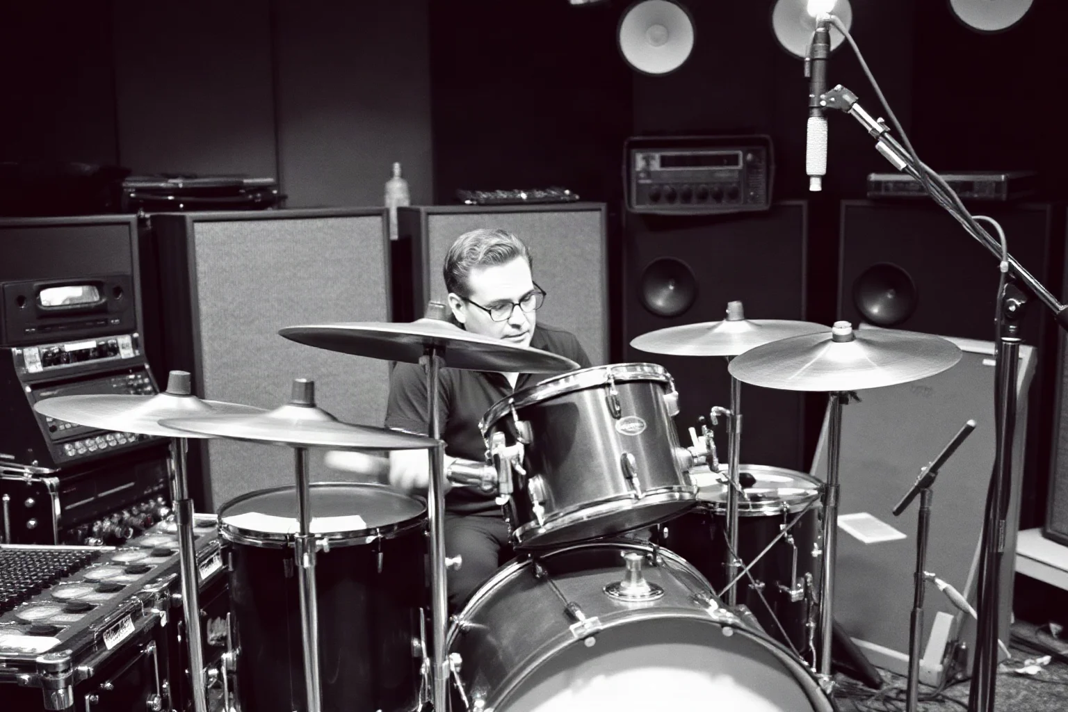 A 1960s session drummer surrounded by a classic kit in a bustling Los Angeles recording studio