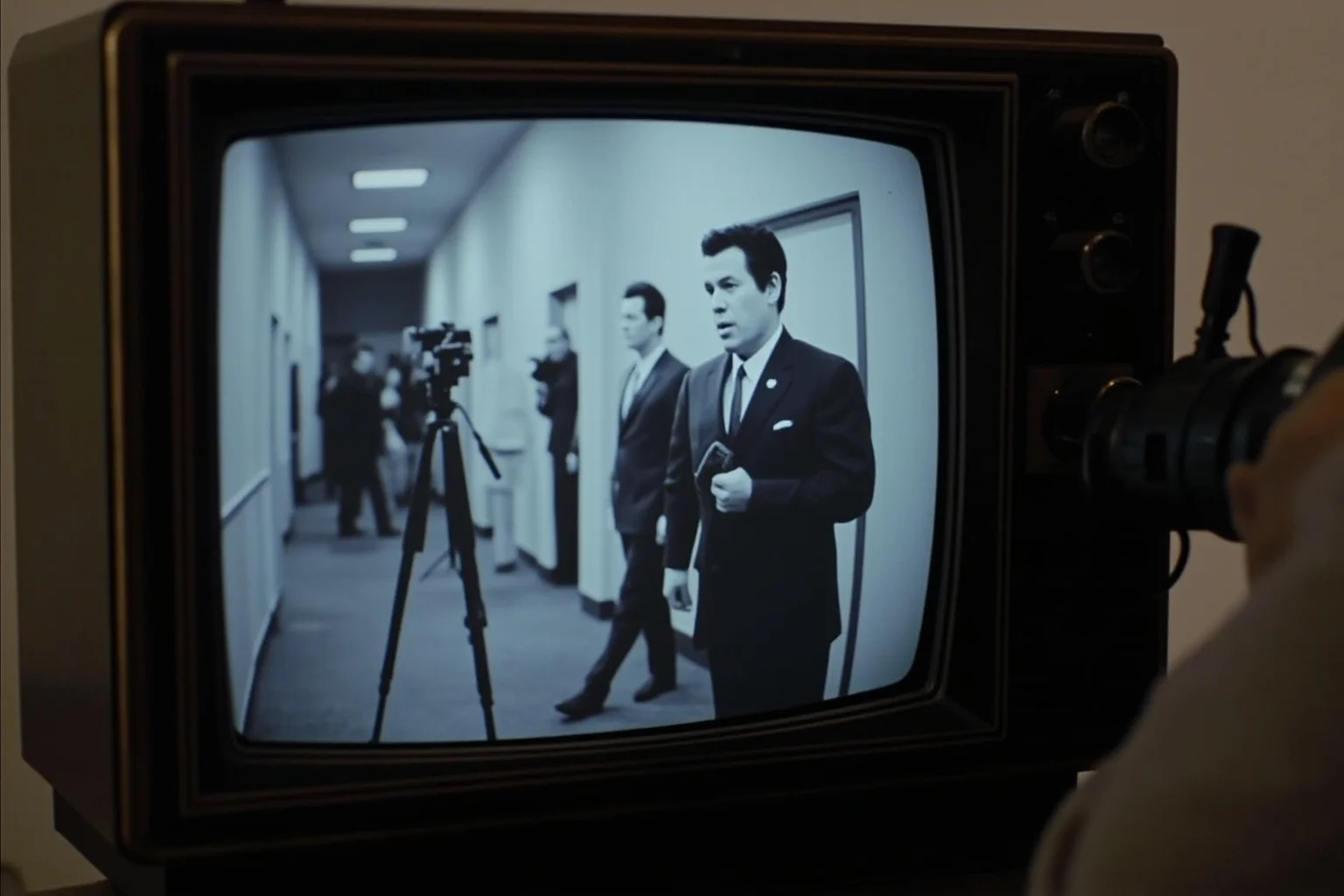 Most Important Historical Events Televised Live 3 A 1960s-style black-and-white television screen showing a courthouse hallway scene with reporters and cameras, evoking a breaking news moment