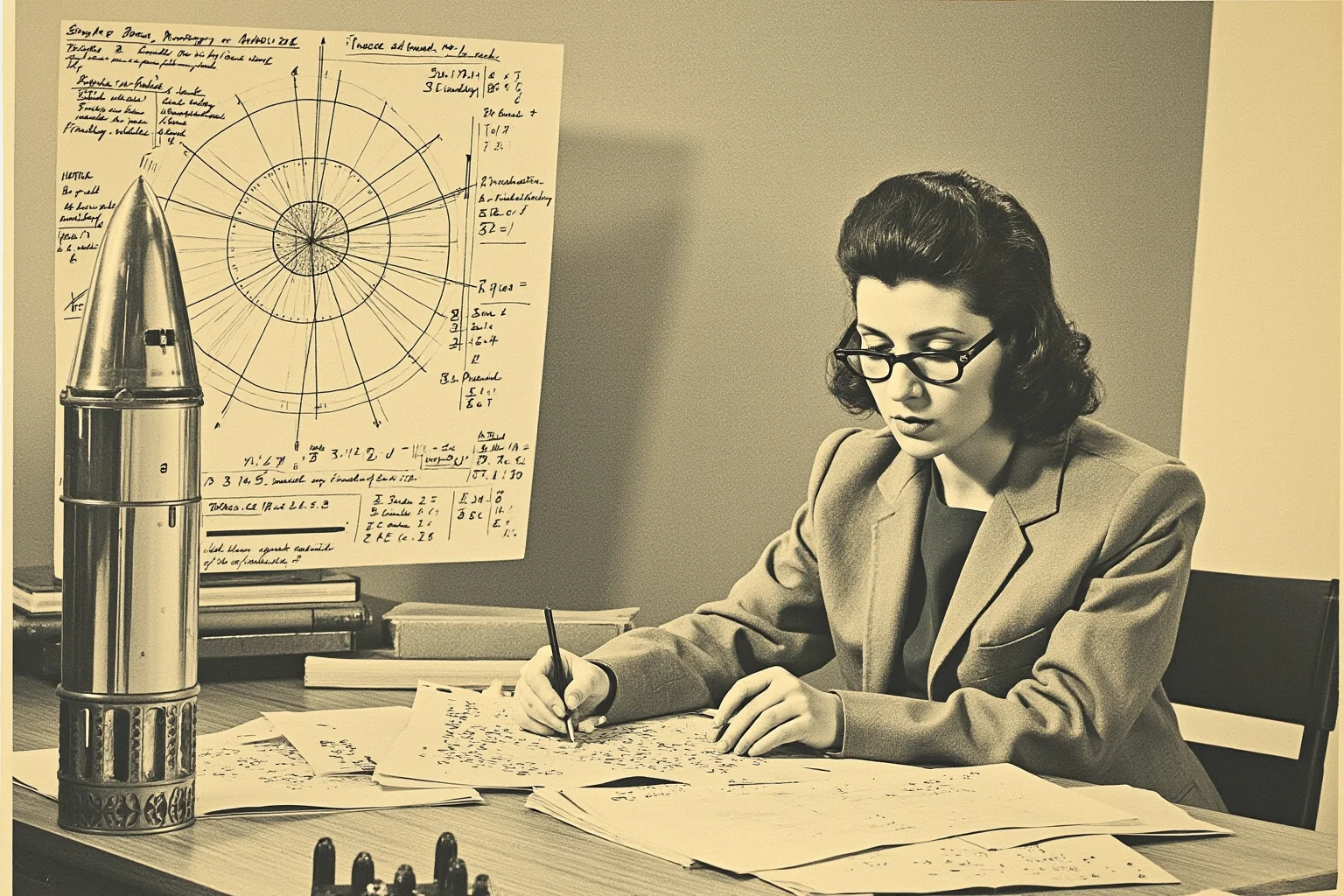 A 1960s woman mathematician at a desk filled with handwritten trajectory calculations and a rocket blueprint nearby, illustrative style